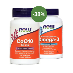 NOW Koencim Q10 50 mg, 50 kapsul + Omega 3 1000 mg, 100 kapsul