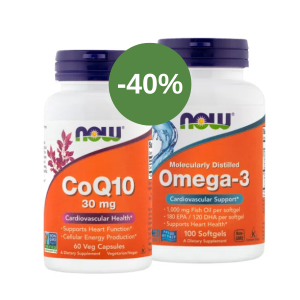 NOW Koencim Q10, 30 mg, 60 kapsul + Omega 3 1000 mg, 100 kapsul