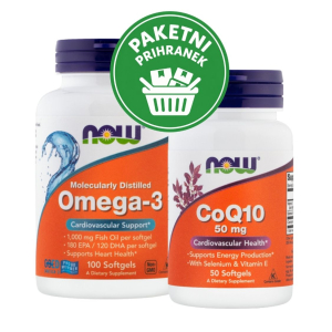 NOW Koencim Q10 50 mg, 50 kapsul + Omega 3 1000 mg, 100 kapsul
